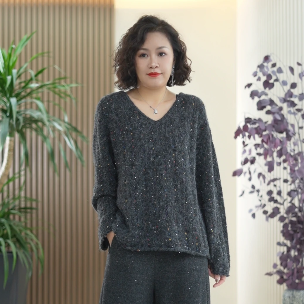 【满天星上衣】羊毛针织衫女大码弹力亮片显瘦软糯彩球卷边秋季内搭