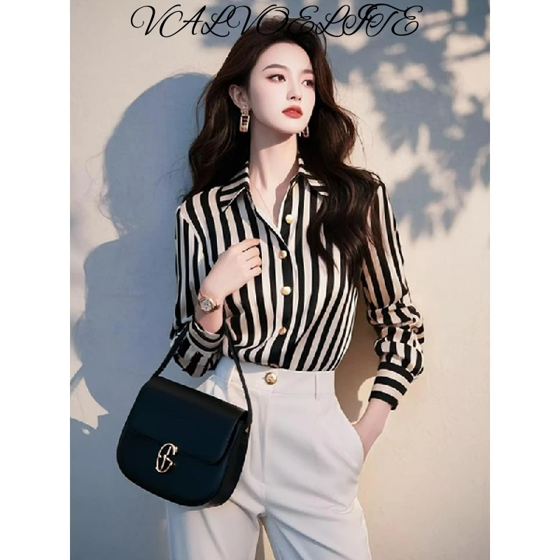 爆款黑白撞色条纹衬衫女2025早春轻奢设计感职业通勤法式衬衣