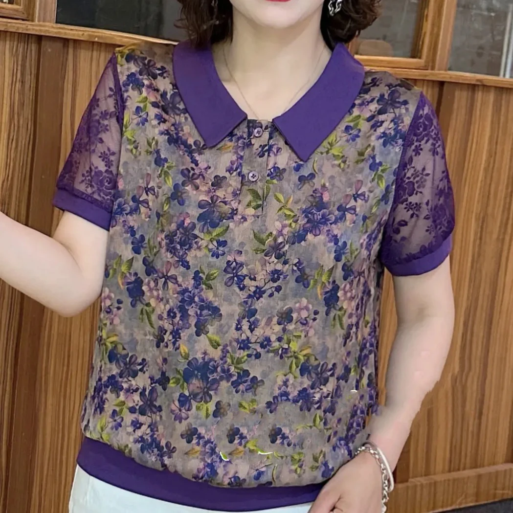 夏季新款时尚中老年妈妈装印花薄款洋气小衫宽松显瘦女士减龄上衣