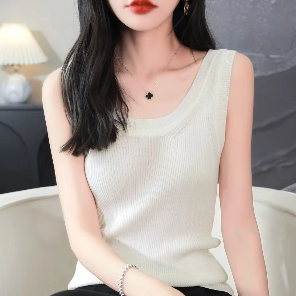 白色前U后V吊带背心女内搭外穿防走光无袖打底精纺羊毛针织上衣
