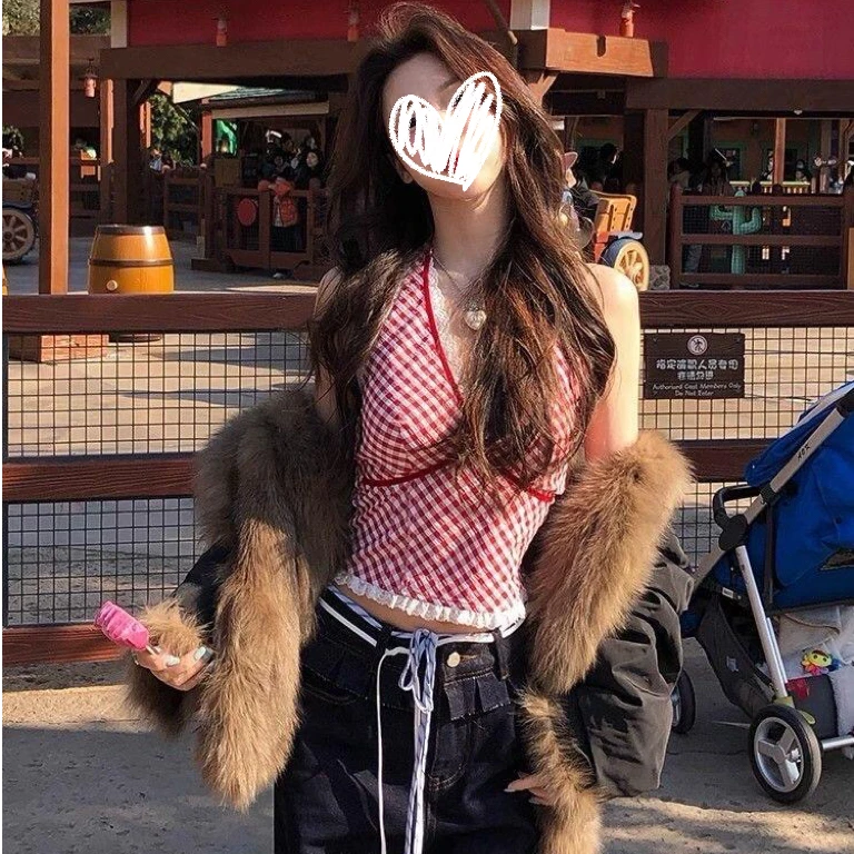 FCYSTUIDOHZJ夏季新款纯欲风格纹拼蕾丝花边挂脖显瘦上衣带胸垫女