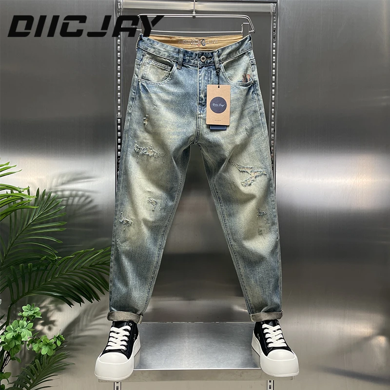 DIIC JAY/狄杰刺绣牛仔裤男士春夏季破洞休闲小直筒裤子舒适百搭