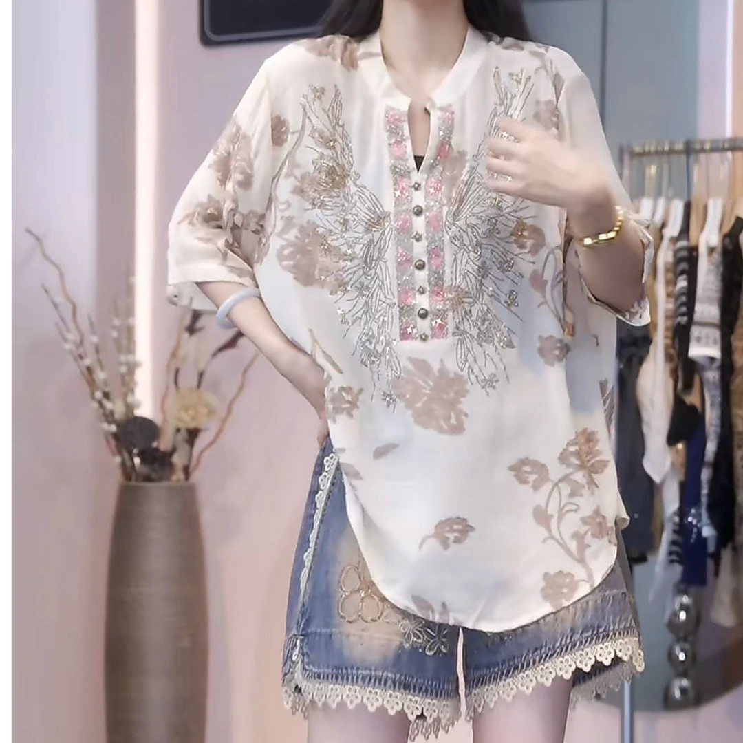 丽丽家 高奢蝴蝶花朵烫钻套头上衣夏季新款