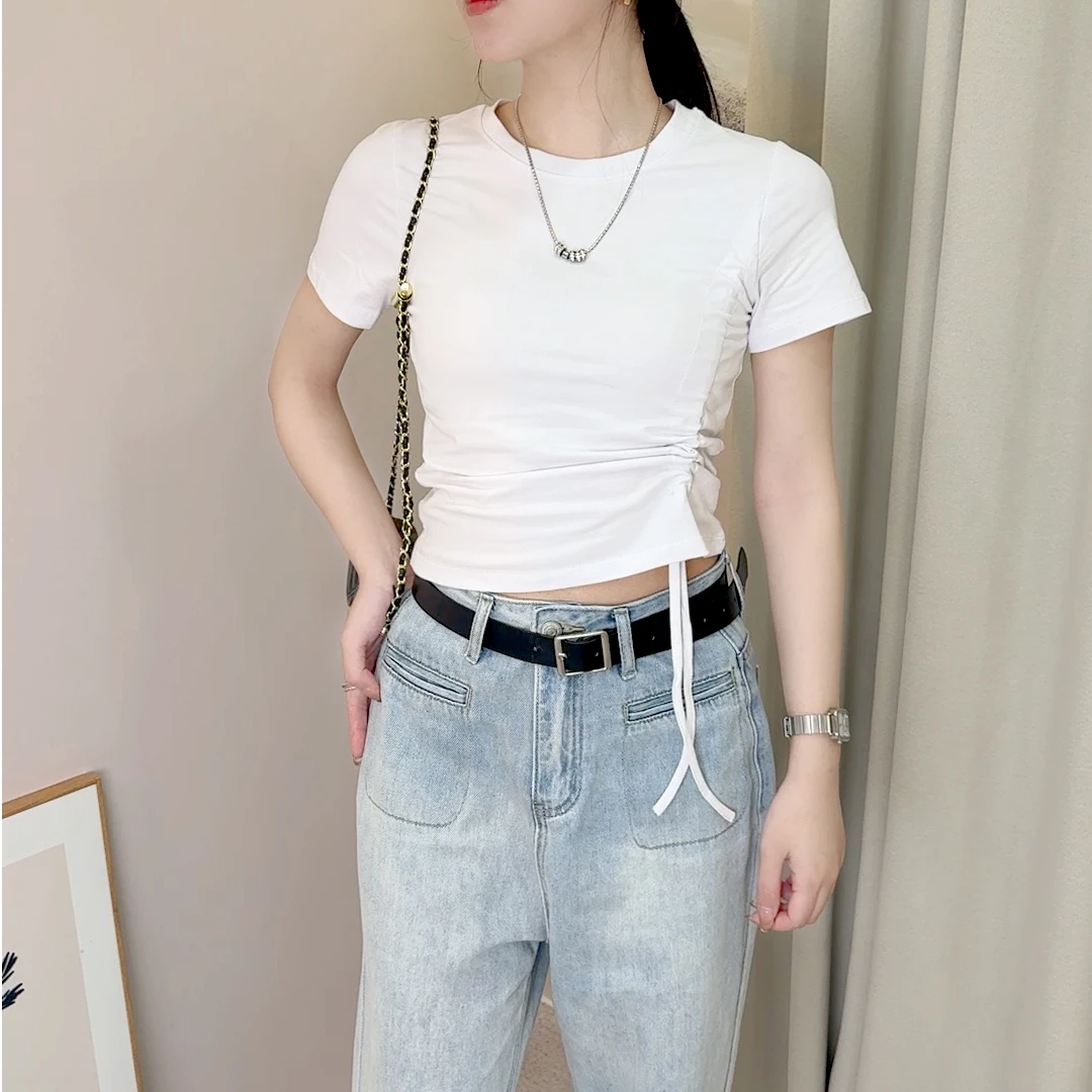 短袖褶皱T恤夏季打底衫韩版抽褶短款显瘦高腰简约内搭圆领小个子t
