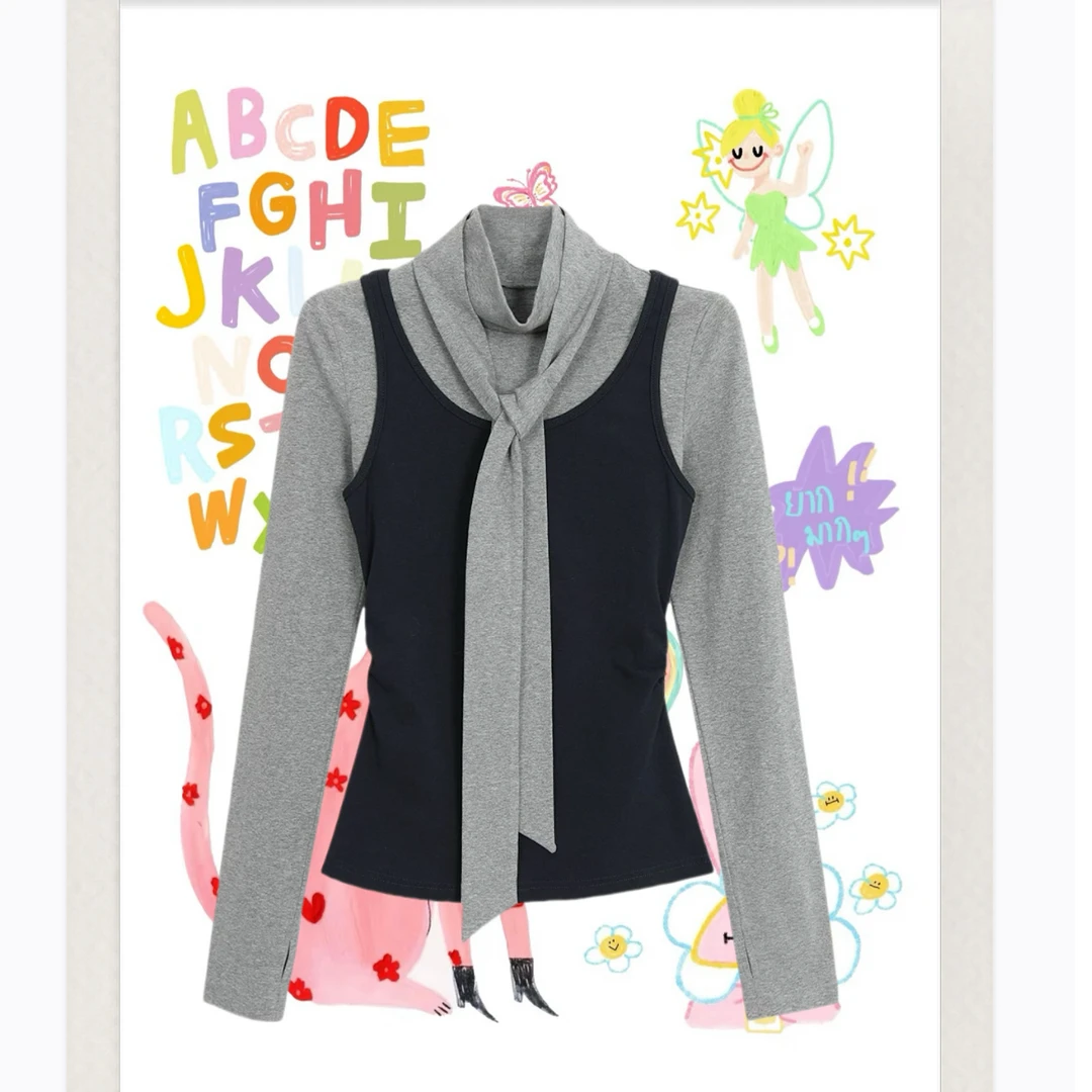 【安-小画家】韩系复古灰色上衣女秋冬季减龄搭配ootd穿搭配领带