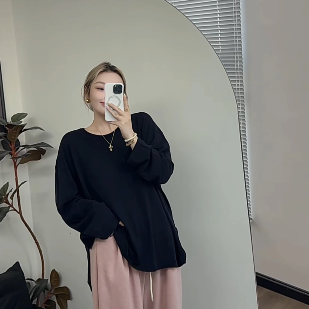 【瘦瘦】秋冬简约纯色百搭打底衫藏青色显白宽松显瘦长袖情侣S0839