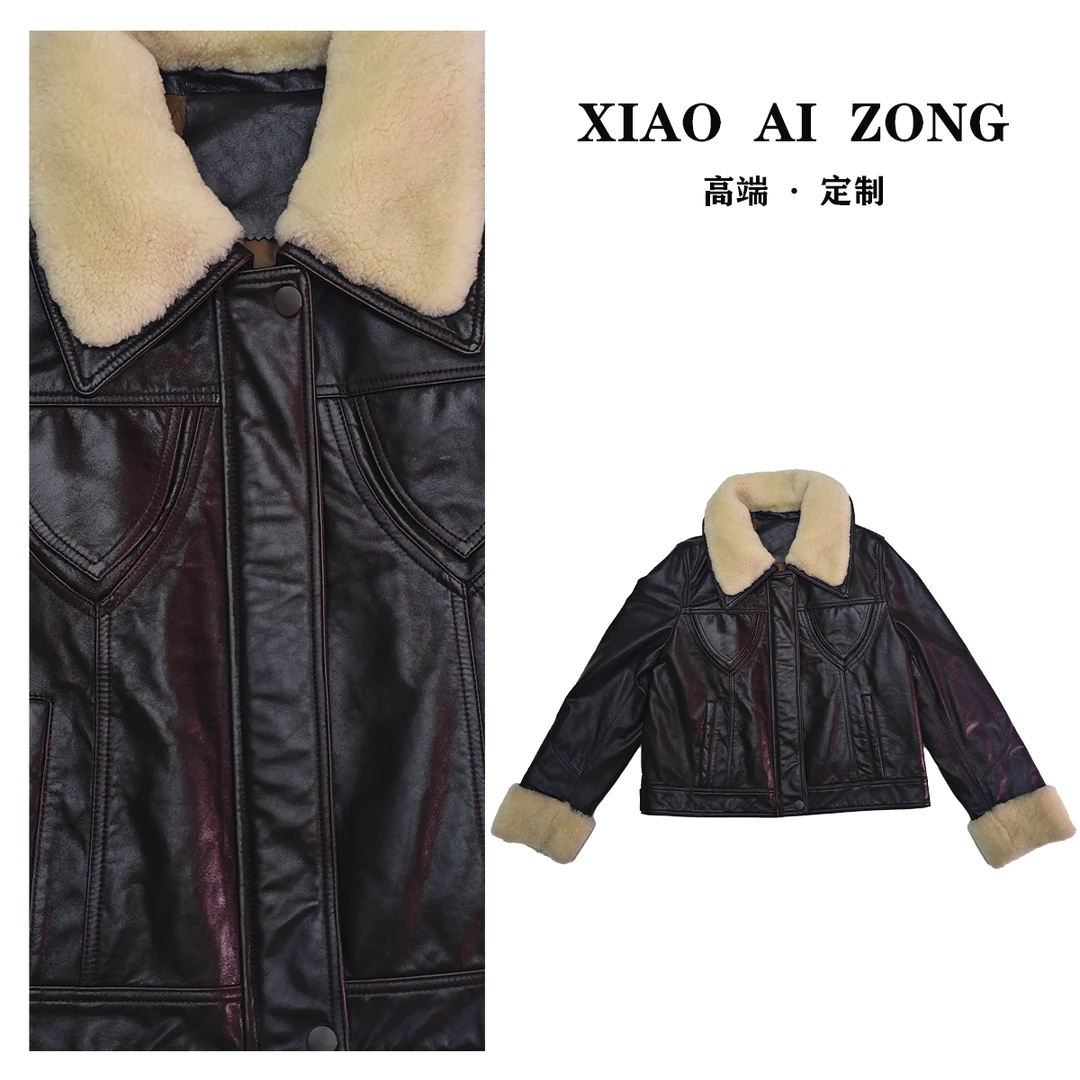 【煊煊-西海岸】复古毛领短款鹅绒油蜡真皮皮衣外套女秋冬PY0001