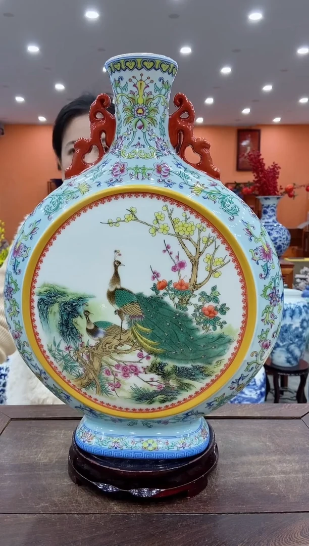 【闪购商品】摆件珐琅彩孔雀抱月蓝色+旋转底座