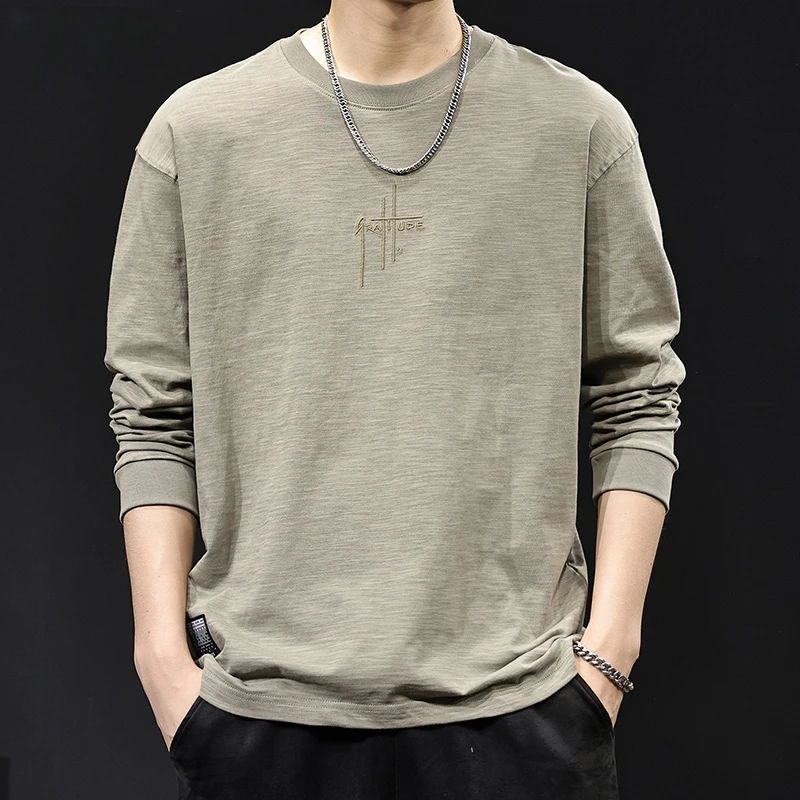2025新款长袖t恤男士春秋款美式复古竹节纯棉圆领打底衫内搭大码