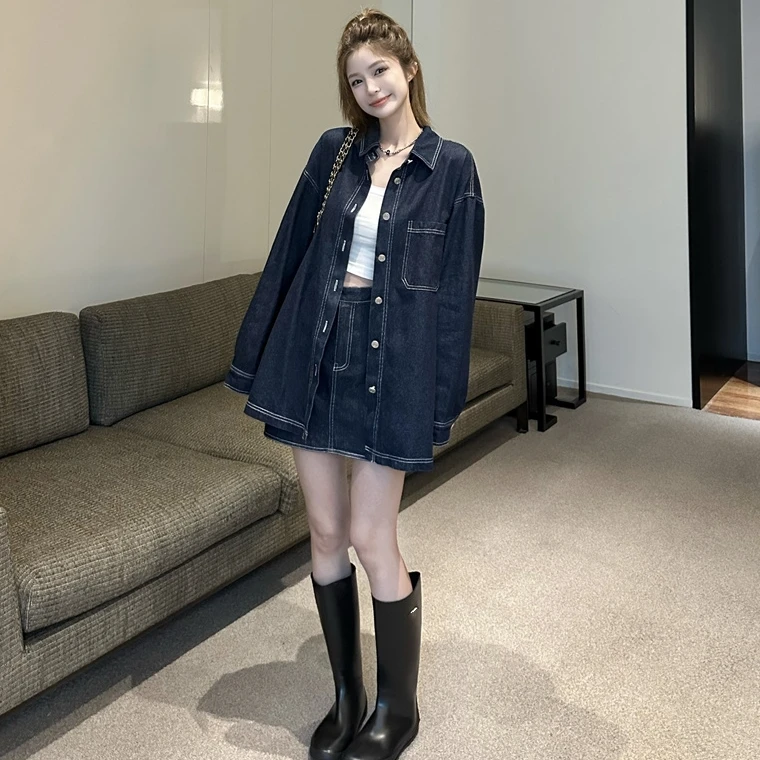 【璇子】大码胖MM牛仔外套女宽松上衣春季时尚两件套牛仔短裙套装