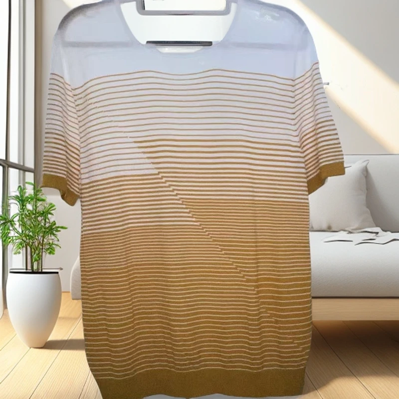 6987圆领撞色条纹渐变冰丝混纺针织套头衫短袖