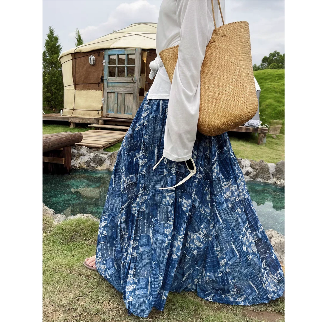 复古风蓝色褶皱半身裙女2025秋季新款高腰显瘦宽松遮肉气质中长裙