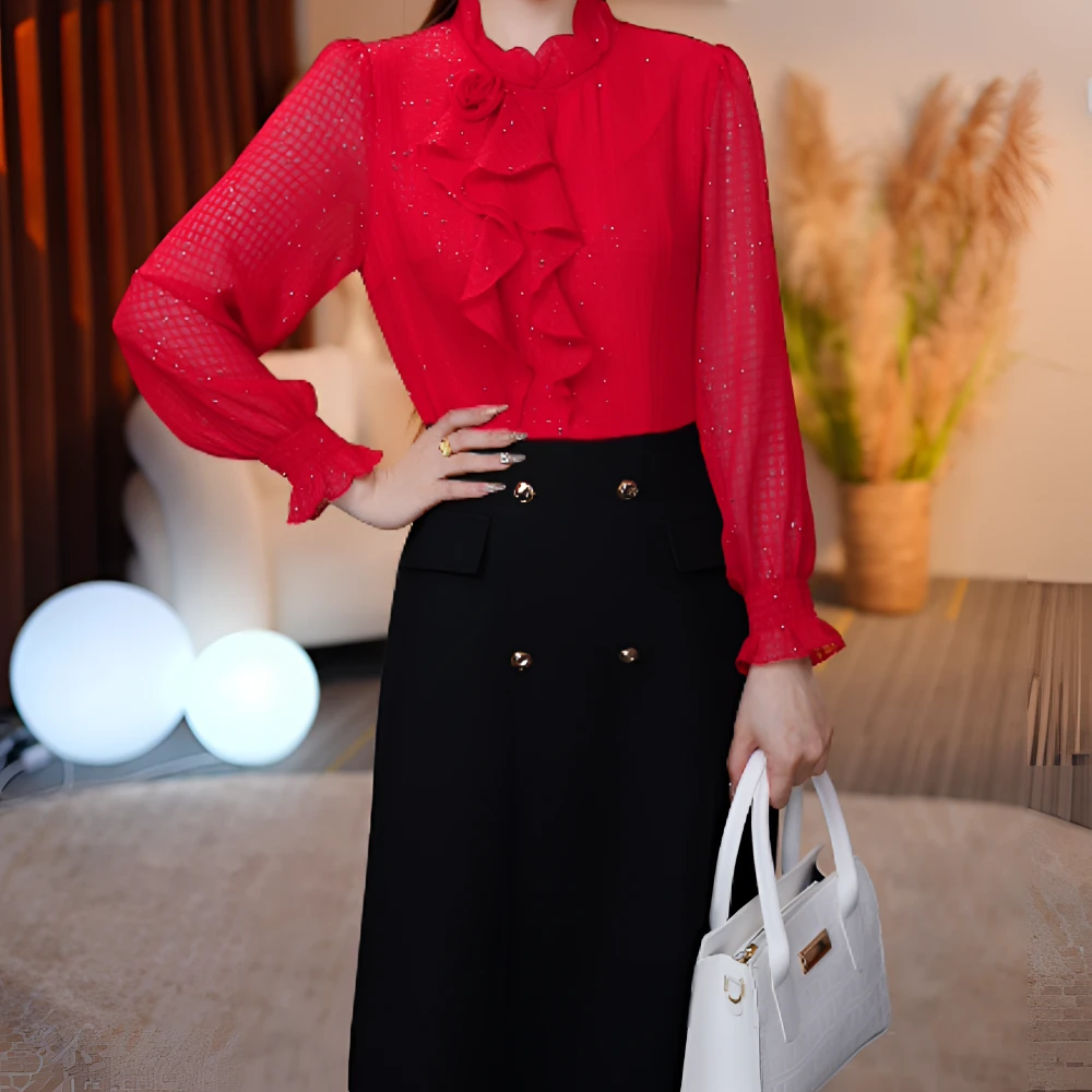 女装气质显瘦时尚休闲修身两件套红色长款套装裙25L332