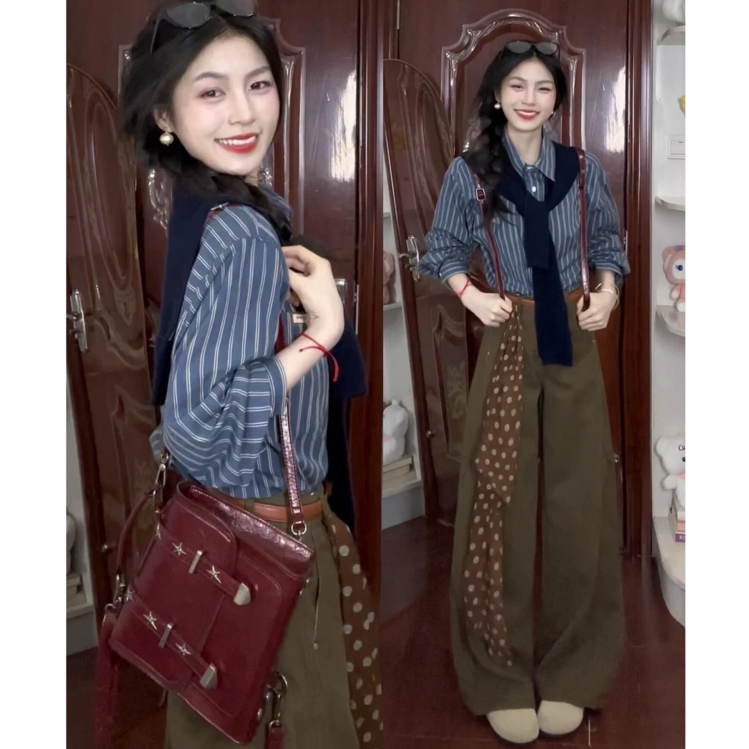 parkyeon秋冬新款韩系学院风披肩衬衫外套慵懒高腰显瘦阔腿裤套装