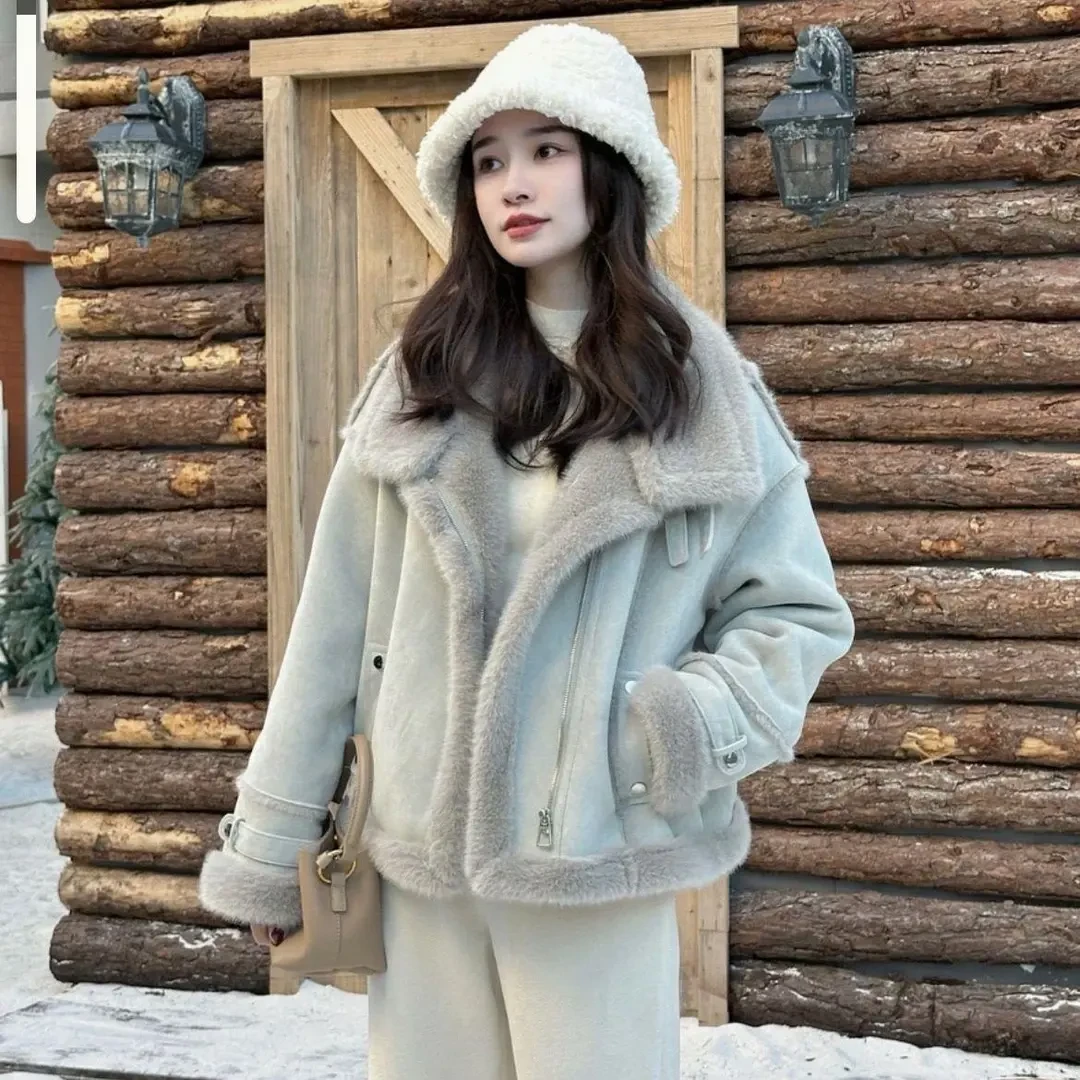 加绒加厚糯叽叽外套女秋冬季新款韩版宽松百搭机车夹克上衣