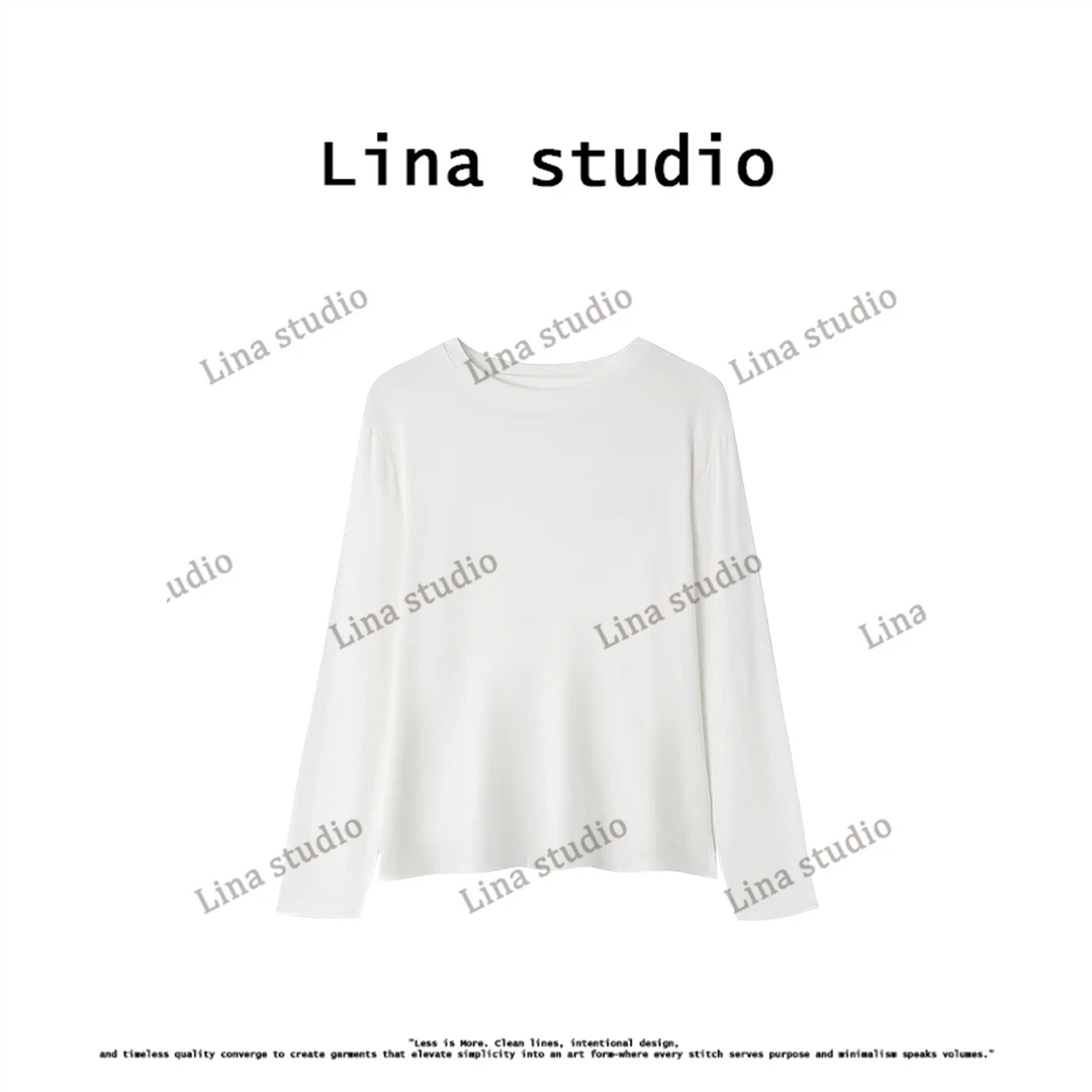 Lina studio“早春穿搭” 白色长袖女春季圆领打底衫高级感T恤