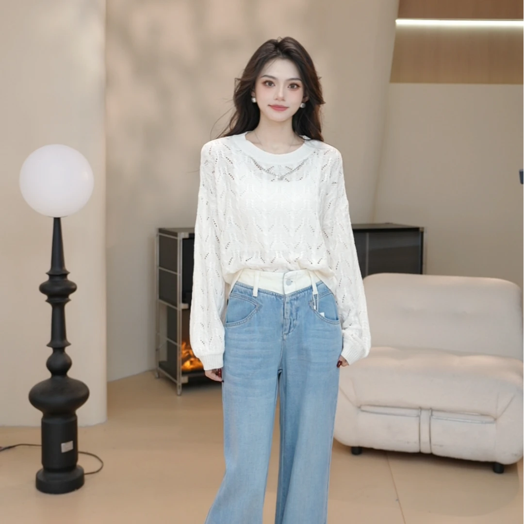 Basic House/百家好HS新款气质时尚休闲设计感百搭针织衫镂空长袖