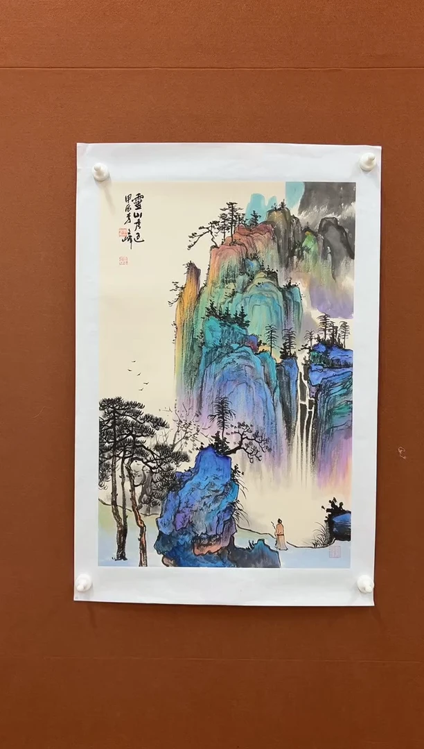 国画李文峰四尺三开重彩青绿山水