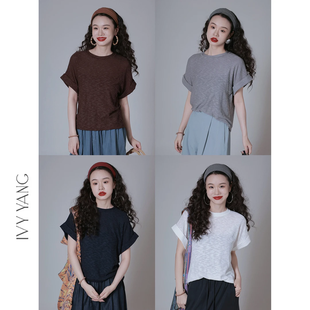 IVY YANG竹节纱麻感圆领针织卷边袖T恤