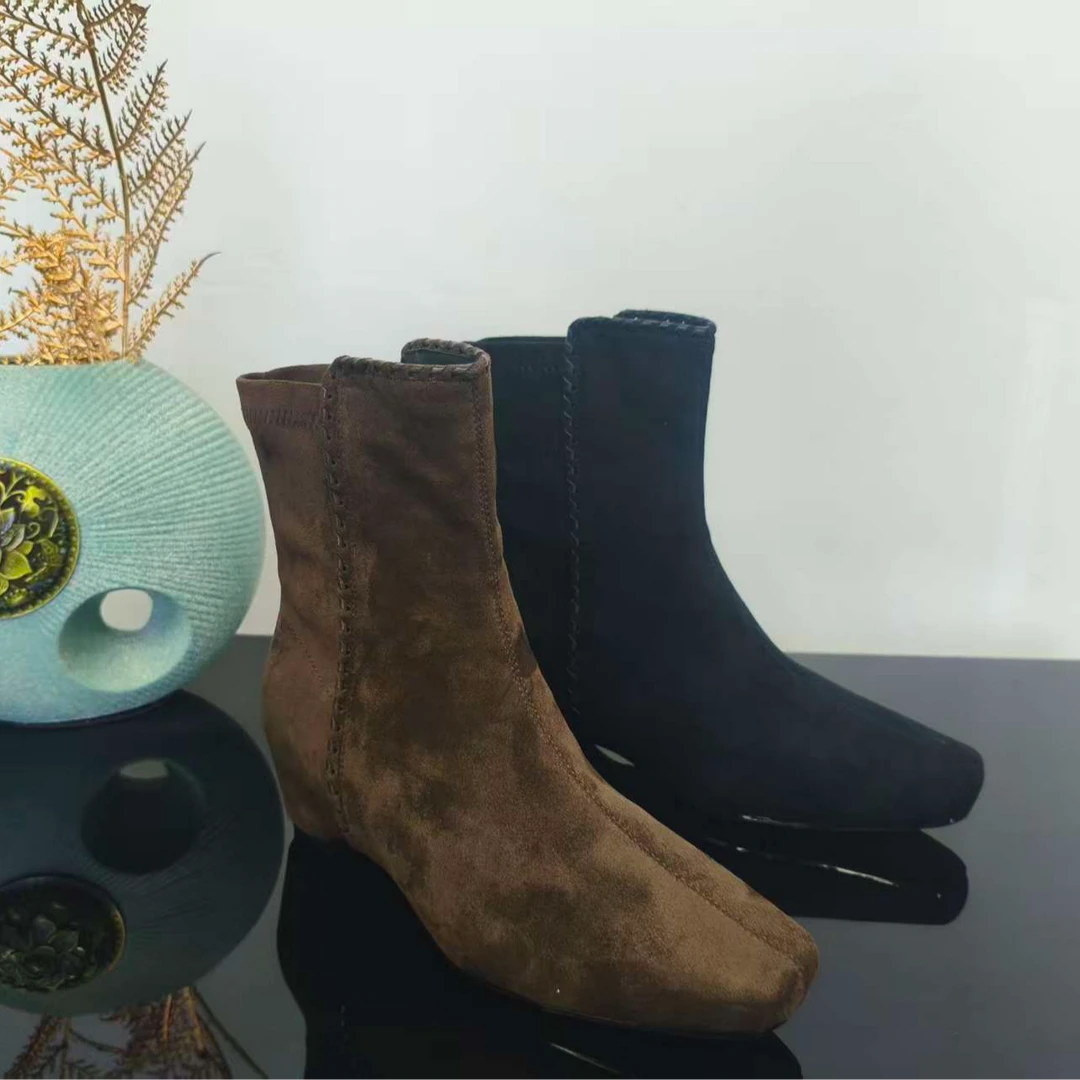 0605-小短靴女切尔西靴新款时尚百搭复古绒面瘦瘦靴-AL