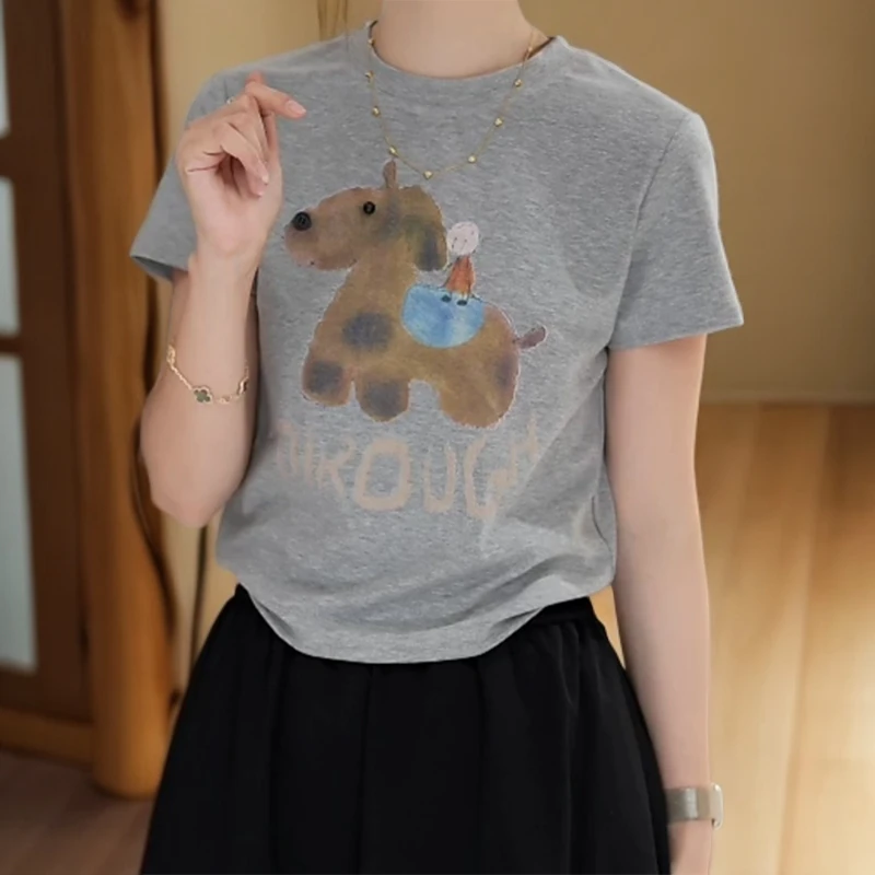 早秋新款百搭休闲圆领小狗印花T恤C5898