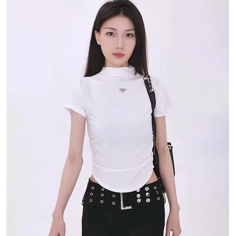 纯色半高领设计感细闪亮片短袖T恤女2025年春季新款潮流复古上衣