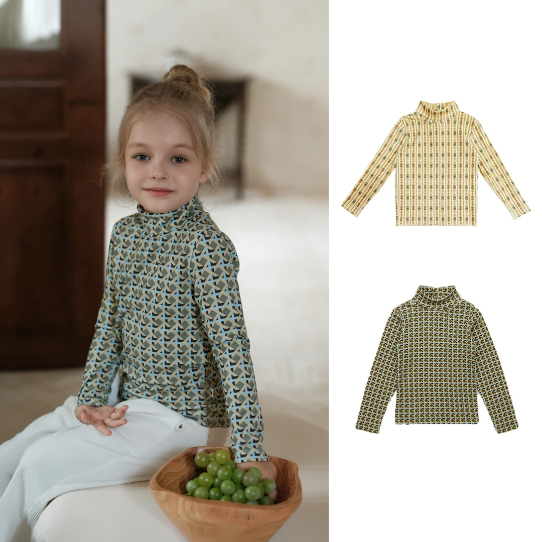 2025北欧秋冬新款格子高领长袖女童上衣休闲a类衣服儿童T恤打底衫