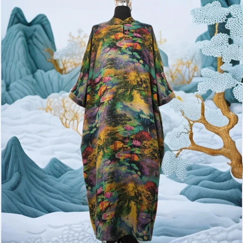 XY2025 新款葡萄泥厚绢荷塘月色提花中式盘扣大袍子连衣裙 783