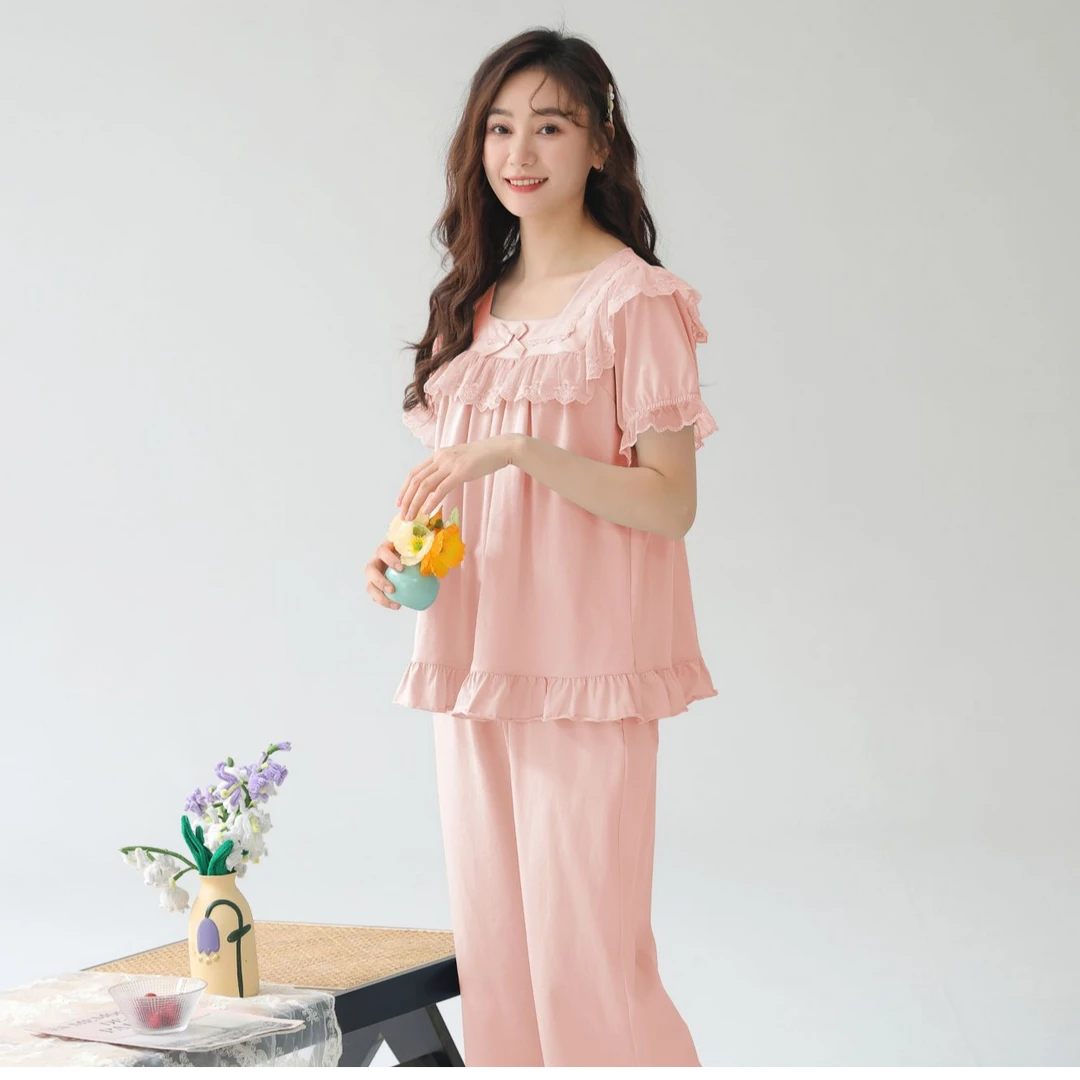 夏季方领公主风套装短袖长裤舒适居家