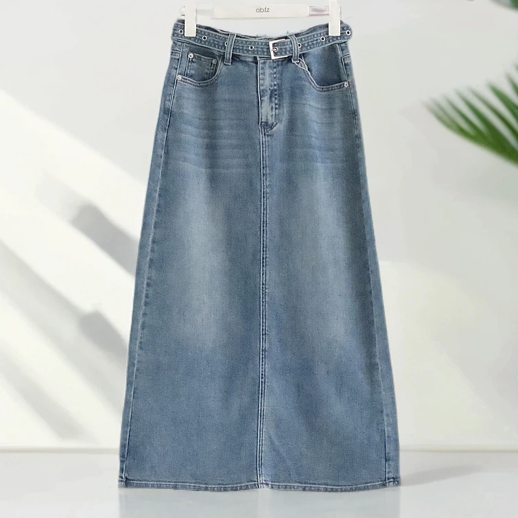 夏季复古水洗微弹软牛仔腰带半身裙1403