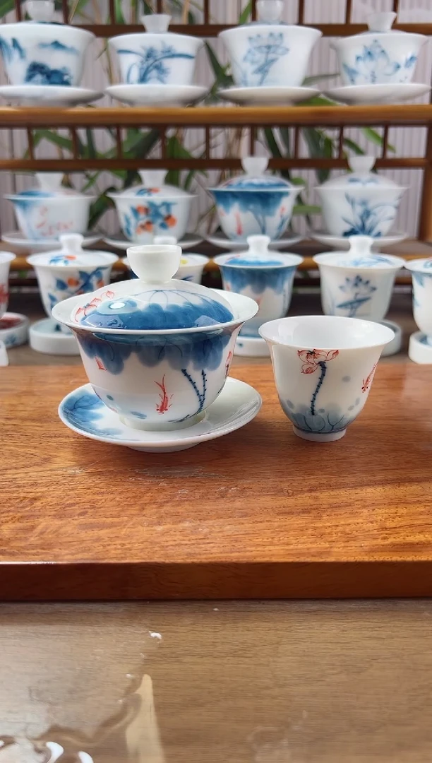 微瑕线条莲150ml三才盖碗+闻香杯1个
