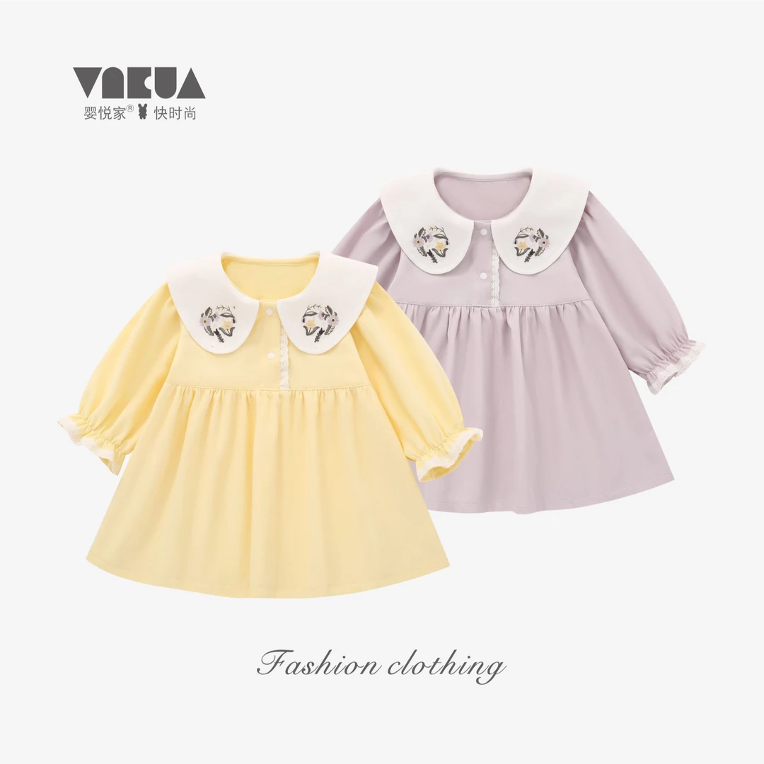 婴悦家儿童女童春秋洋气时尚宝宝娃娃领森森小花连衣裙 88415