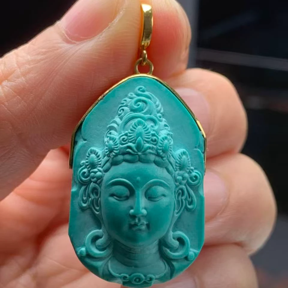 天然原矿绿松石高瓷蓝绿玉化精工雕刻绿度母精雕项坠项坠