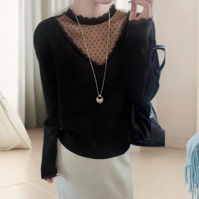 波点蕾丝拼接半高领针织打底衫女秋冬独特漂亮毛衣内搭短款小上衣
