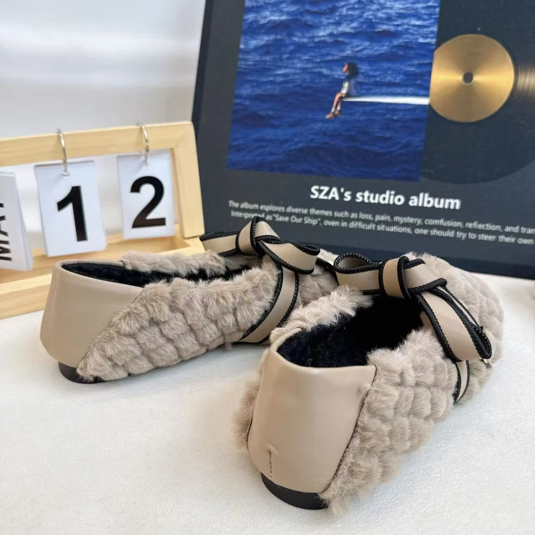 Ws602g毛豆豆鞋女冬外穿加绒网红平白色蝴蝶结毛毛鞋