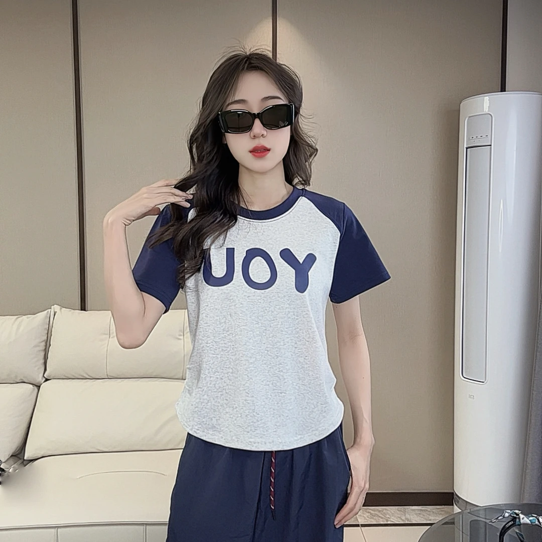 吸汗字母短袖抗皱插肩袖拼接T恤薄款宽松透气圆领休闲显瘦时尚