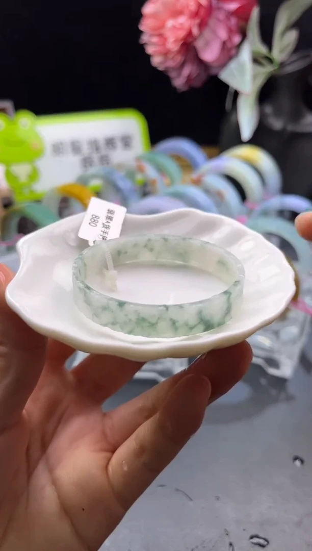 未镶嵌手镯定制翡翠51-52海藻绿花「定制不退不换」
