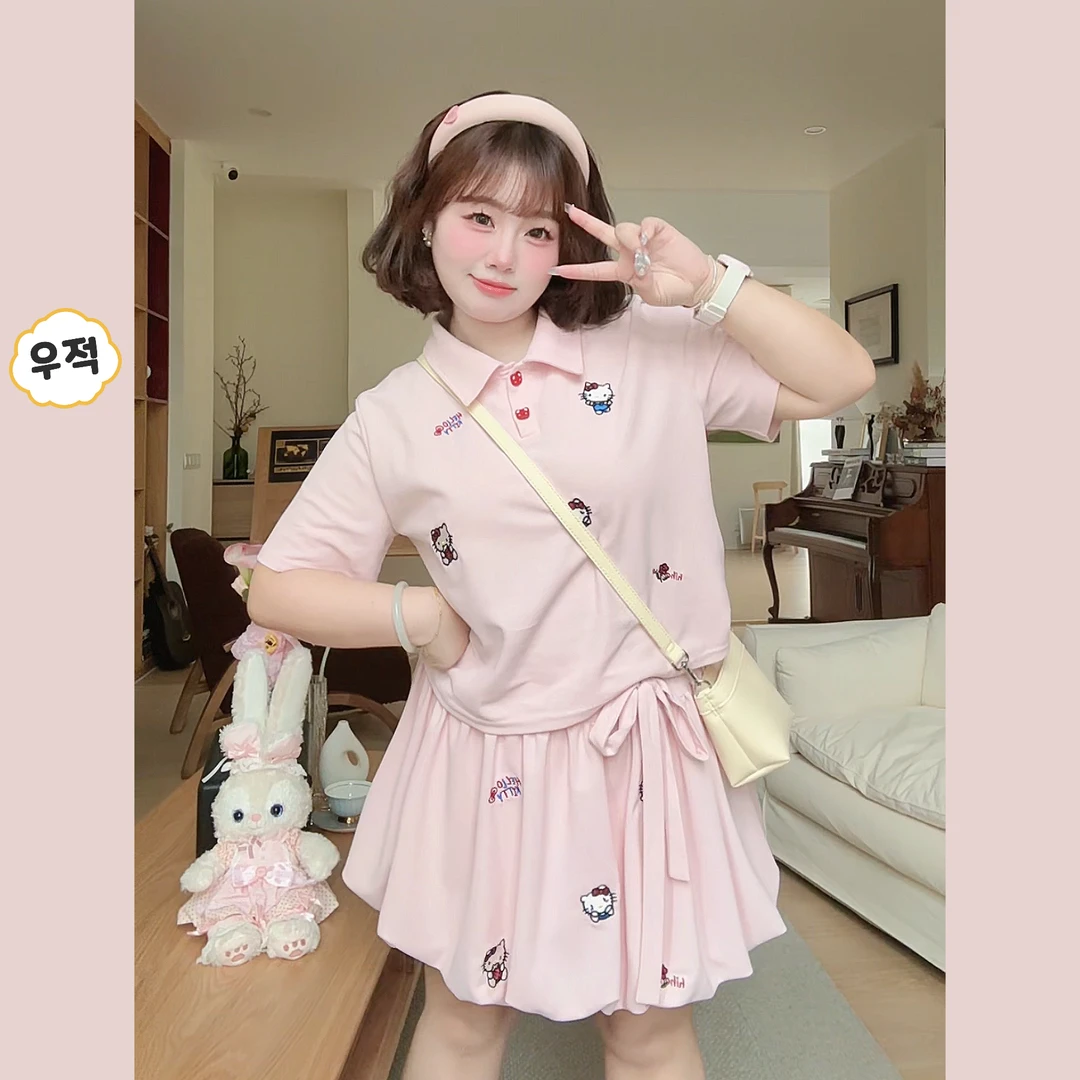 【青苍现货】【蜜桃kitty】大码甜妹夏刺绣Kitty韩系Polo衫+花苞裙