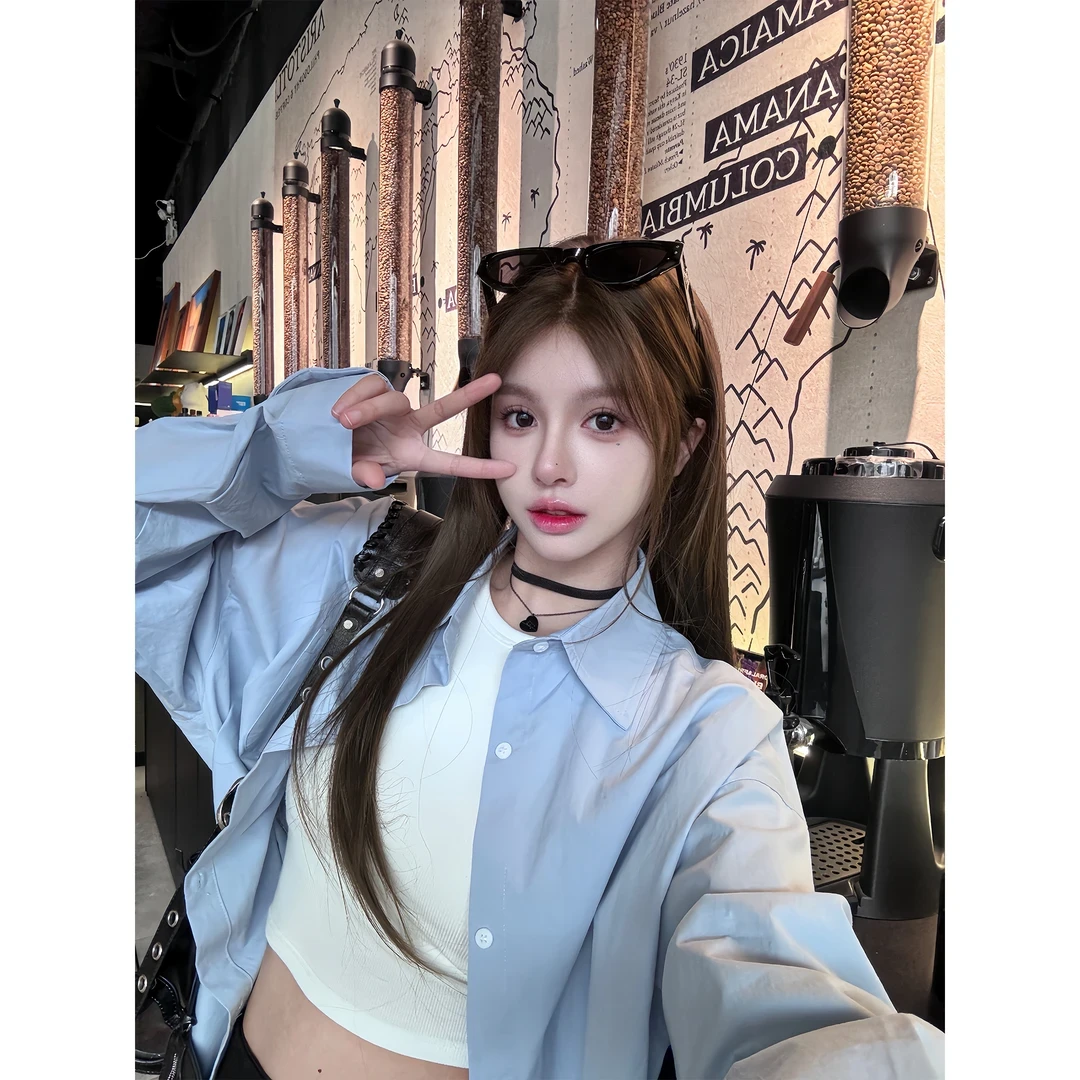 休闲纯色衬衫百搭宽松上衣衬衫外穿