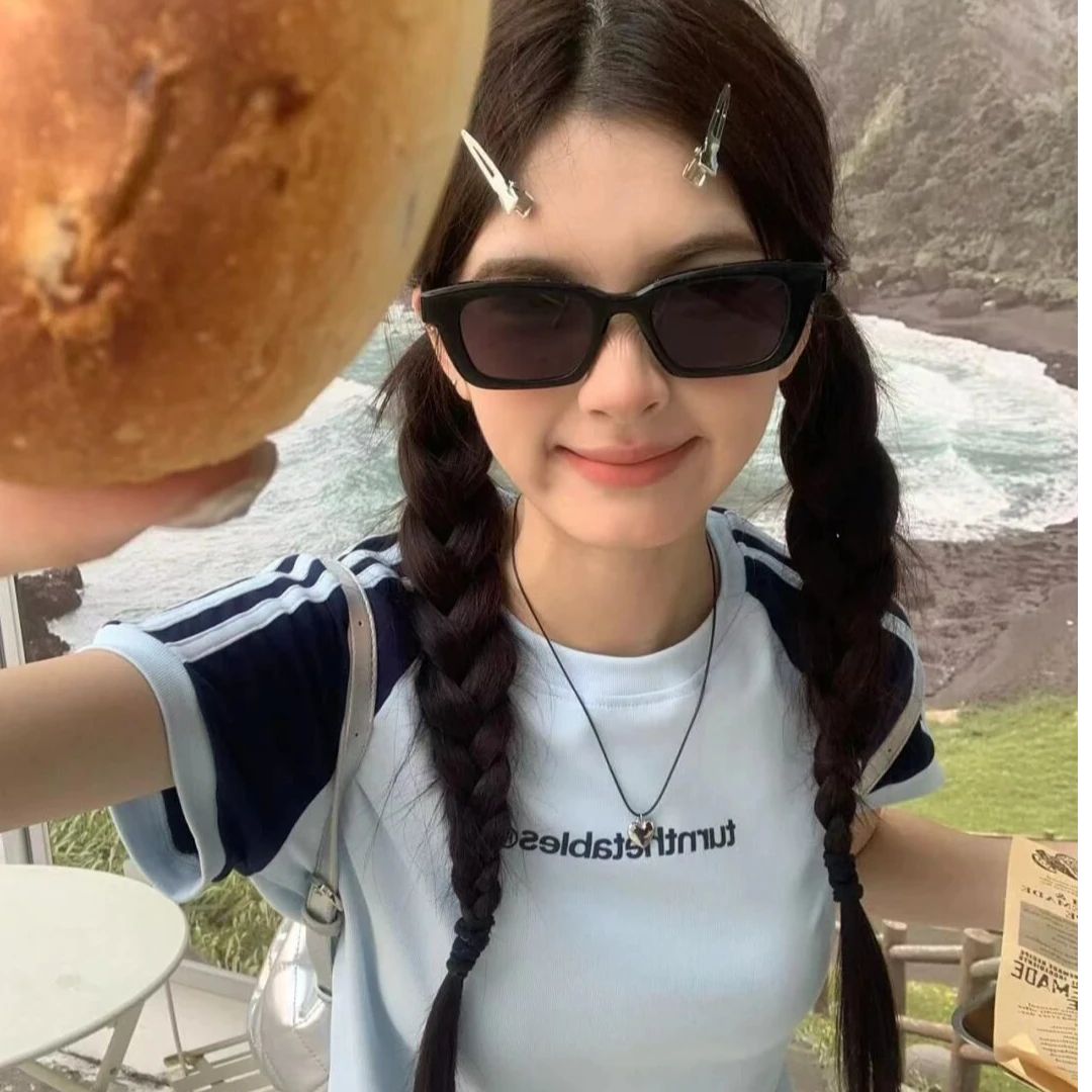 重磅纯棉美式运动风小众三条杠休闲T恤2025新款夏季小个子修身