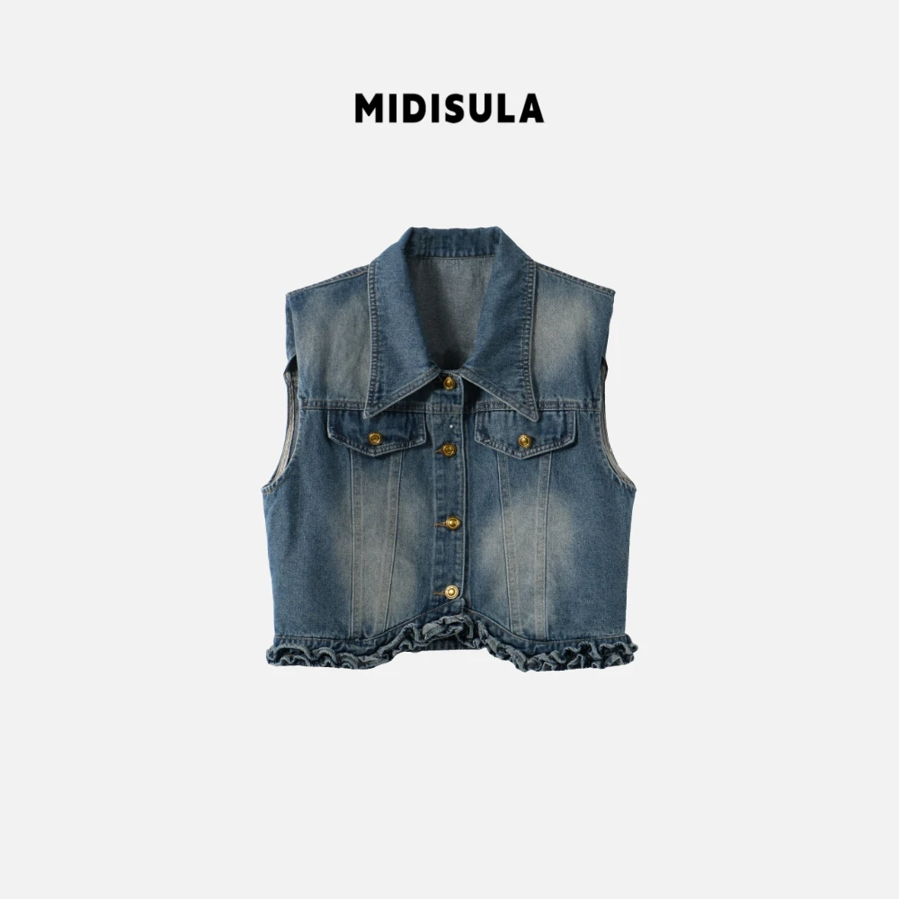 MDSL·欧洲早秋新款时尚慵懒简约休闲木耳边金扣牛仔马夹#1322