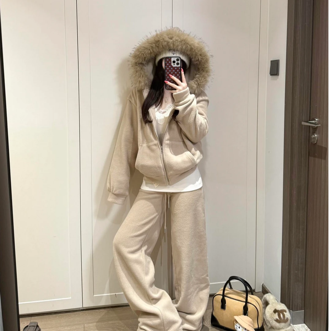 时尚套装毛领外穿连帽长袖外套上衣洋气休闲百搭气质显瘦宽松长裤