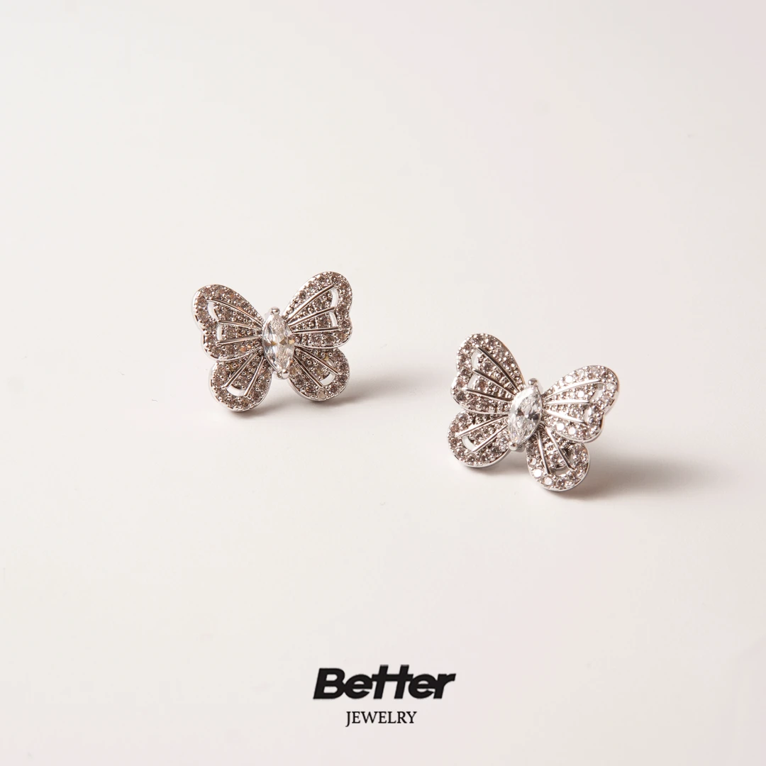 铜合金耳饰 G606 满锆蕾丝蝴蝶耳钉