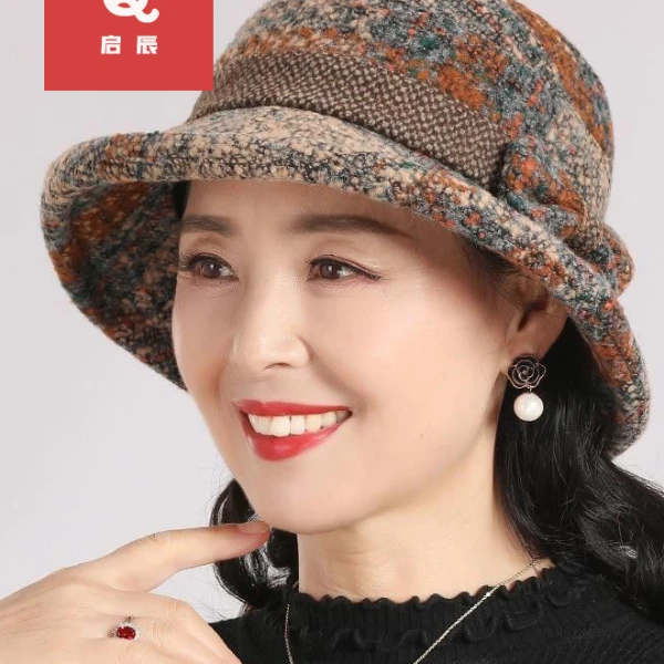 中老年人帽子女秋冬季妈妈毛呢礼帽加厚奶奶布盆帽秋冬休闲渔夫帽