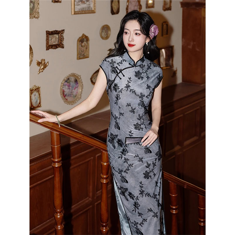 新中式扎染植绒连衣裙女夏季新款国风复古气质盘扣立领包臀旗袍裙