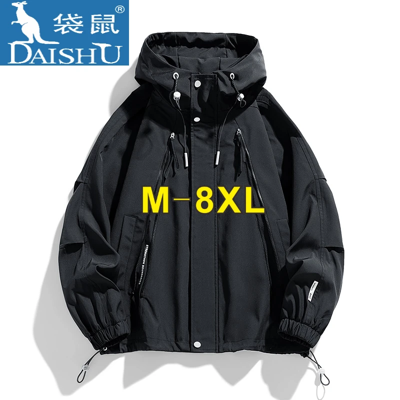 袋鼠秋季新款户外登山服加肥加大码胖子宽松夹克休闲男外套连帽