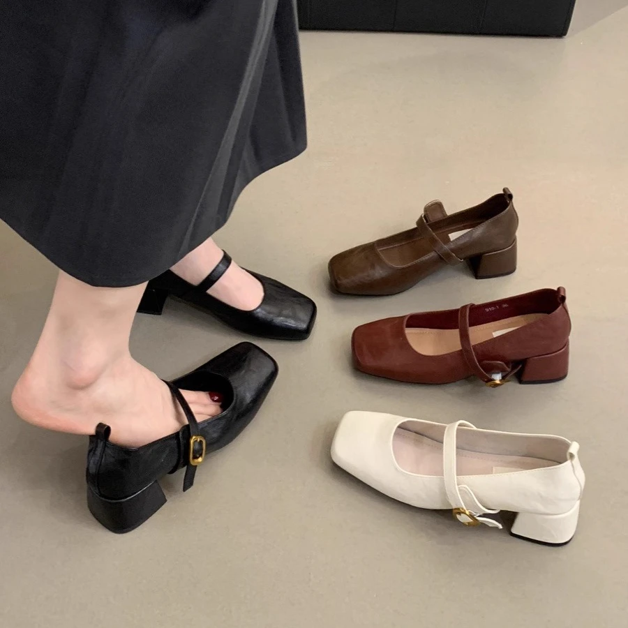 法式复古方头浅口单鞋女中跟春秋款晚风气质仙女粗跟玛丽珍小皮鞋
