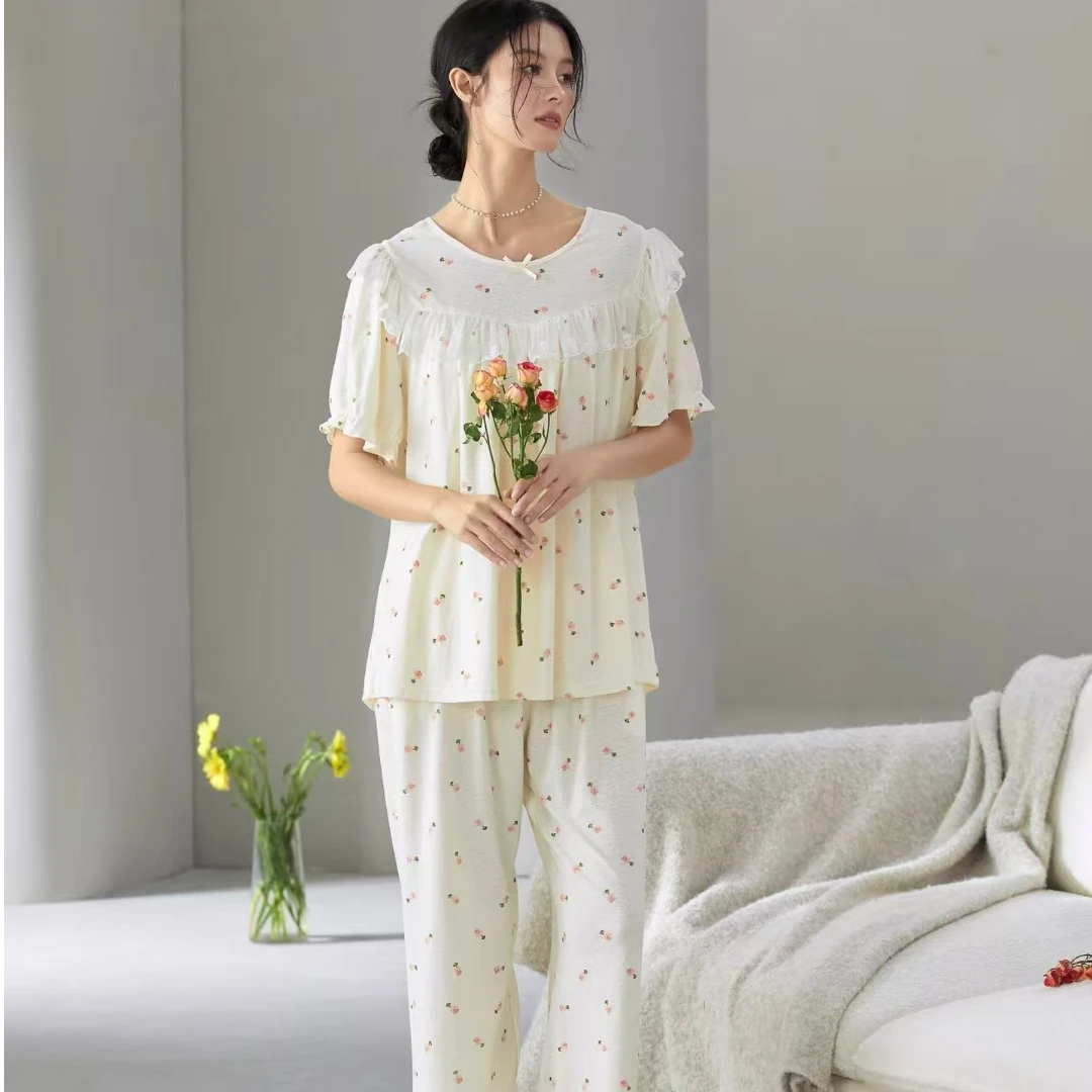薇斯缔娜正品女士睡衣套装短袖长裤印花棉套头甜美公主家居服春夏