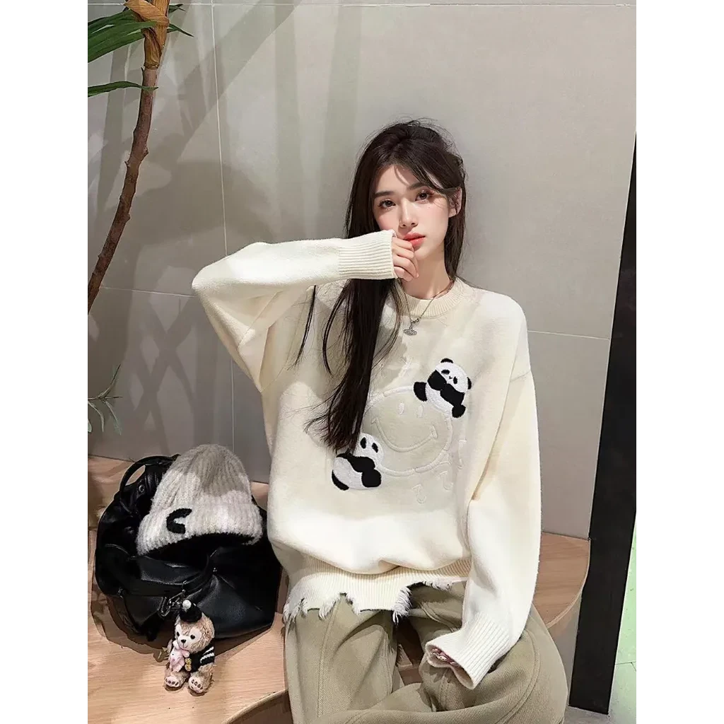 【微笑熊猫】笑脸可爱熊猫提花圆领毛衣复古宽松慵懒针织衫.Y678