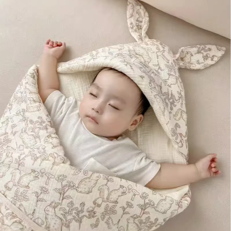 【纯棉包被】婴幼儿皱皱纱夹棉带帽防惊跳包被